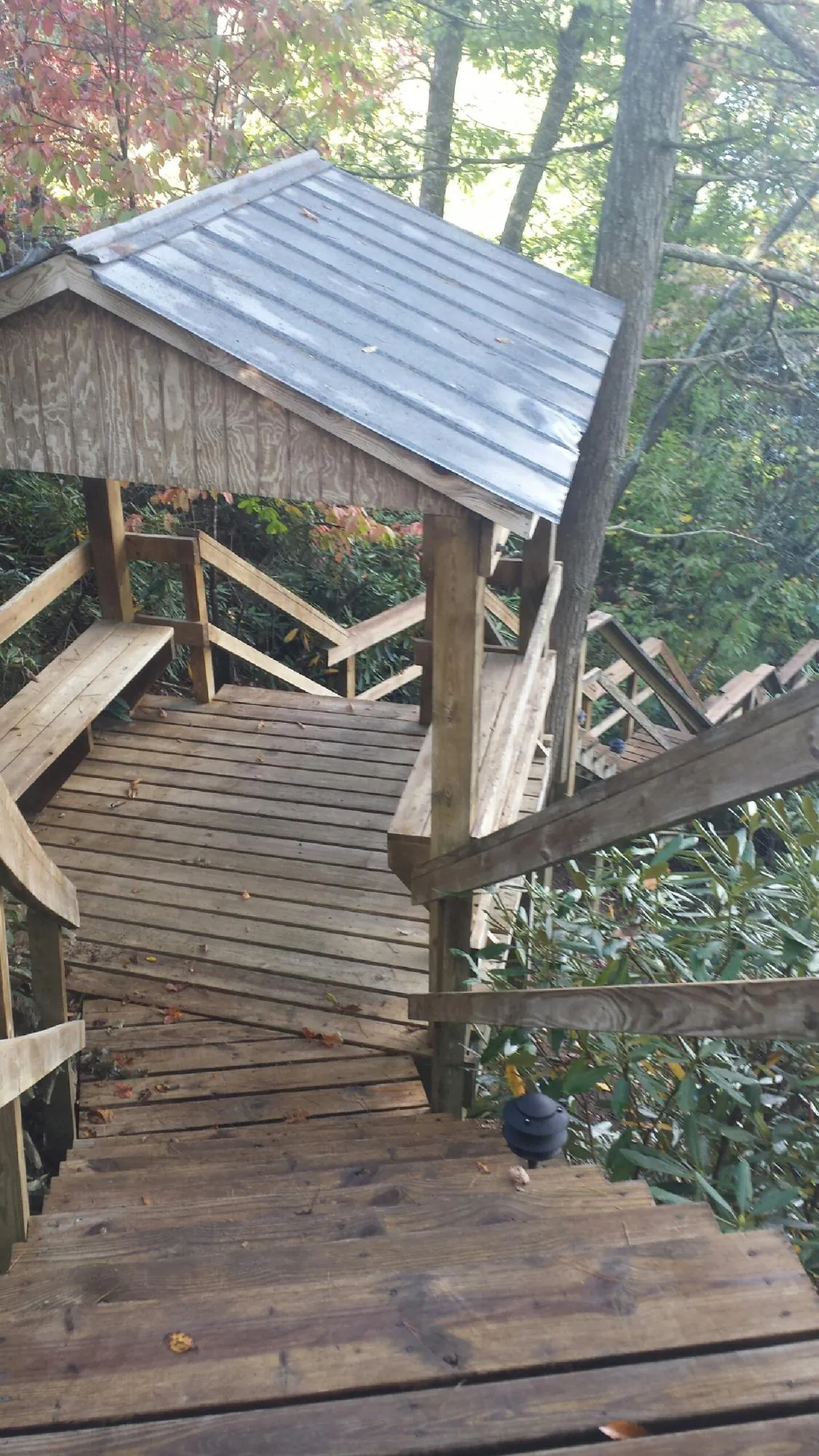 Metal roofed shelter over wooden steps on a wooded walkway — Skylight Repair & Installation work by our crew in Tallapoosa